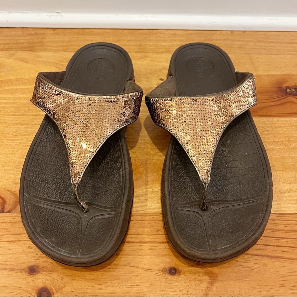 FitFlop Electra Bronze Toe Post Sandals Womens 9 Metallic Sequins Comfort - Picture 2 of 12